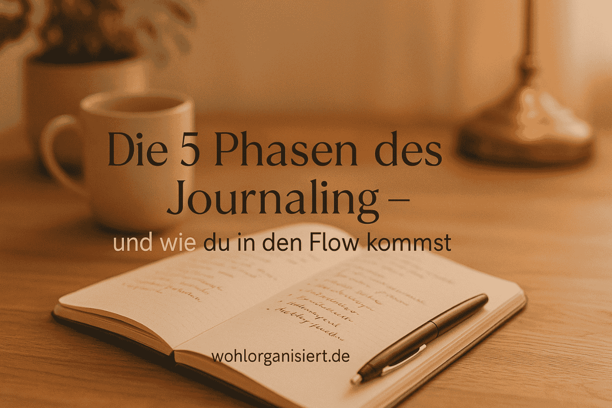 Headerbild mit offenem Journal und Overlay-Text „Die 5 Phasen des Journaling – und wie du in den Flow kommst“, warmes Licht, harmonische Atmosphäre.