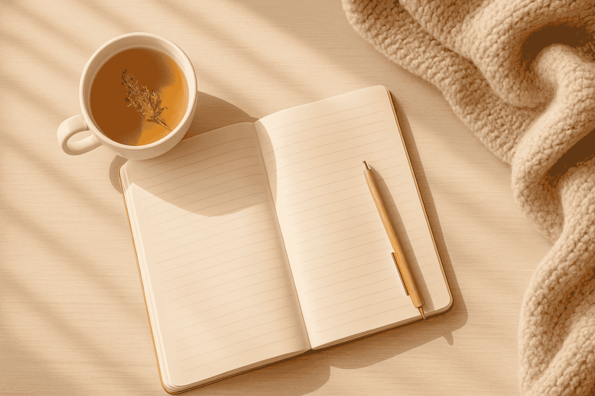 Offenes Bullet Journal auf einem gemütlichen Schreibtisch mit Stift und Teetasse, Sonnenlicht und Pastellfarben – Symbol für Klarheit und Ruhe beim Journaling.