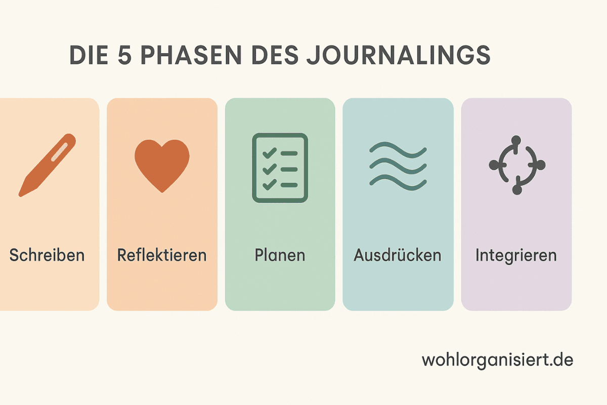Infografik in Pastellfarben mit den fünf Phasen des Journaling und passenden Icons – visuelle Übersicht für den Schreib-Flow.