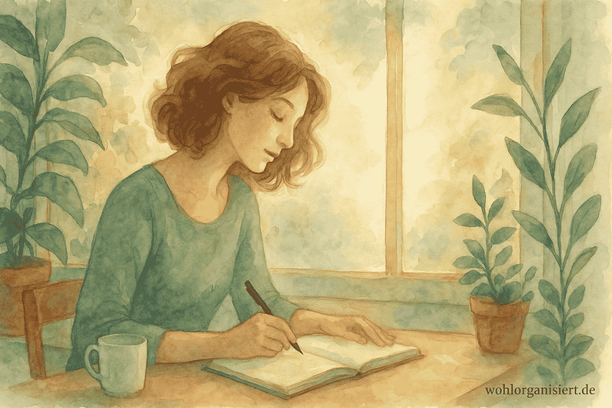 Illustration einer Frau, die am Fenster in ihr Journal schreibt, umgeben von Pflanzen, verträumte und ruhige Atmosphäre – Ausdruck des Schreib-Flow-Moments.