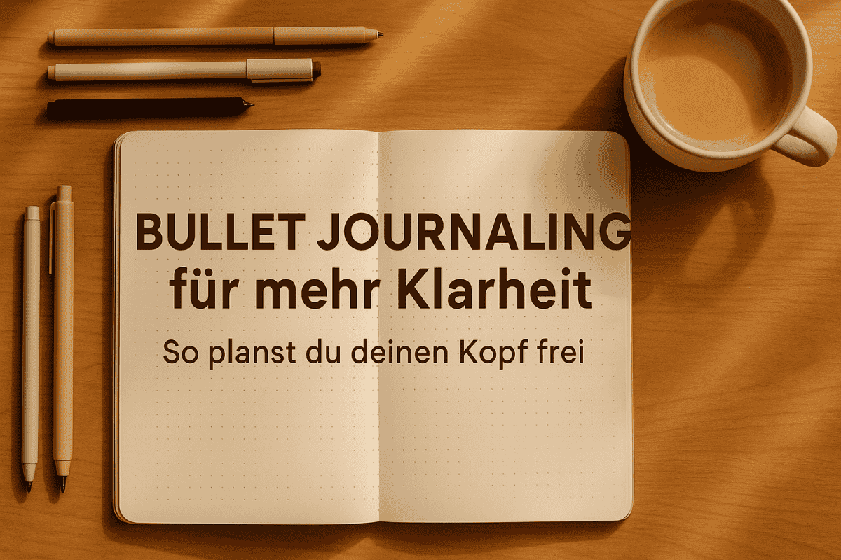 Headerbild mit Bullet Journal auf Schreibtisch, Kaffee und Stiften, Overlay-Titel „Bullet Journaling für mehr Klarheit – So planst du deinen Kopf frei“.
