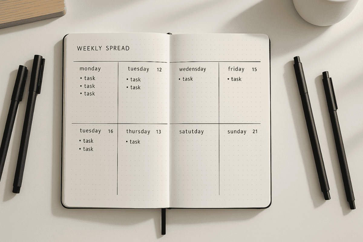 Minimalistisches Bullet Journal mit Wochenübersicht, einfache Linien und Fineliner, cleanes Schreibtisch-Setup.