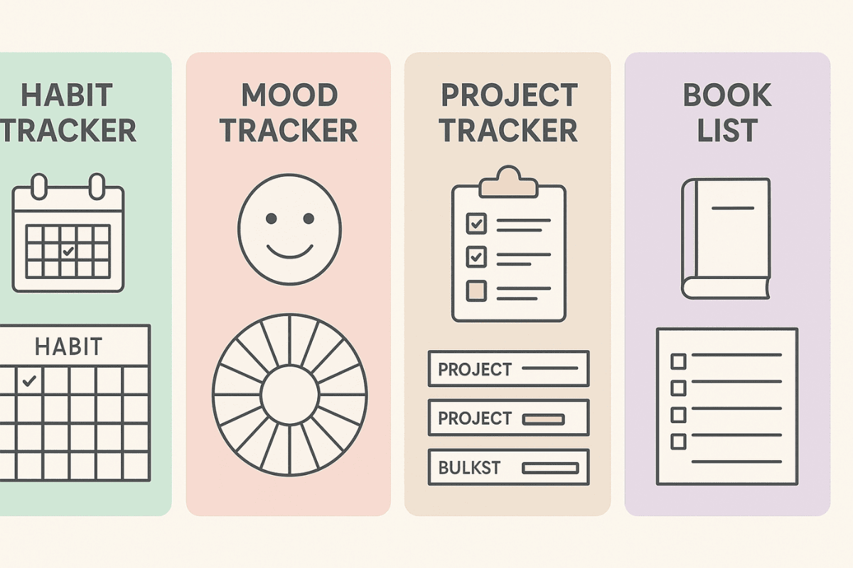 Infografik mit vier Bullet Journal Trackern – Habit Tracker, Mood Tracker, Projekt-Tracker und Bücherliste – in Pastellfarben gestaltet.