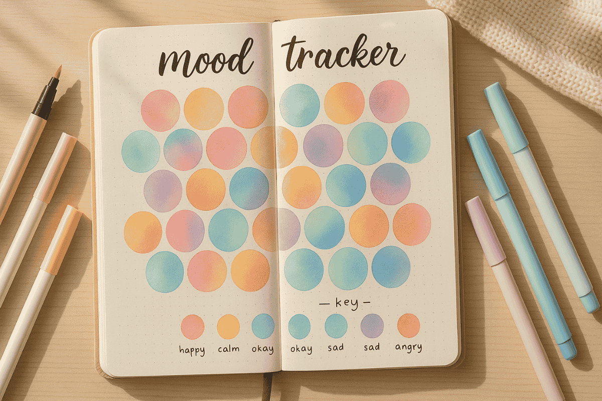 Offenes Bullet Journal mit farbigem Mood Tracker und Brush Pens, kreative Darstellung für Journaling.