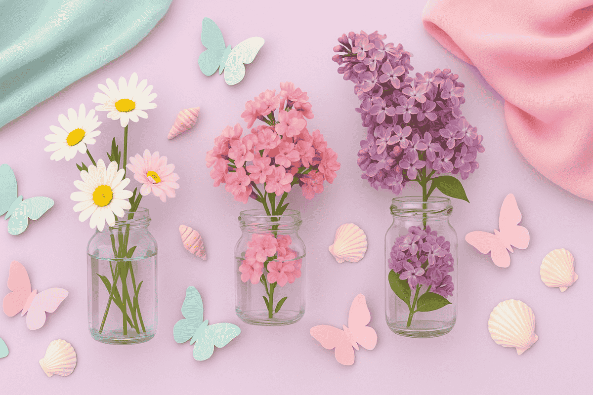 DIY Deko Jahreszeit 2 DIY Deko Ideen für Frühling und Sommer mit Blumen in Gläsern, Papier-Schmetterlingen und Muscheln in Pastellfarben, modern arrangiert.