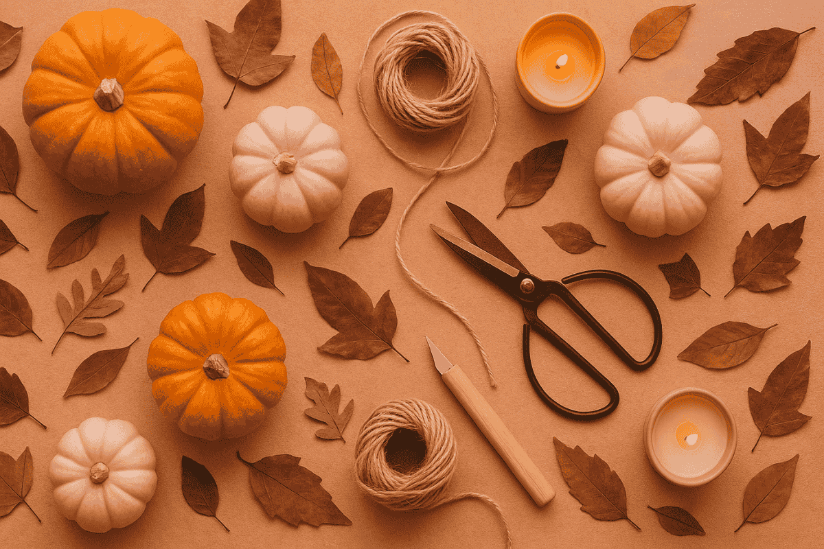 DIY Deko Jahreszeit 3 DIY Deko Ideen für den Herbst mit Kürbissen, Kerzen, getrockneten Blättern und Bastelmaterialien in warmen Farben, gemütlich dekoriert.