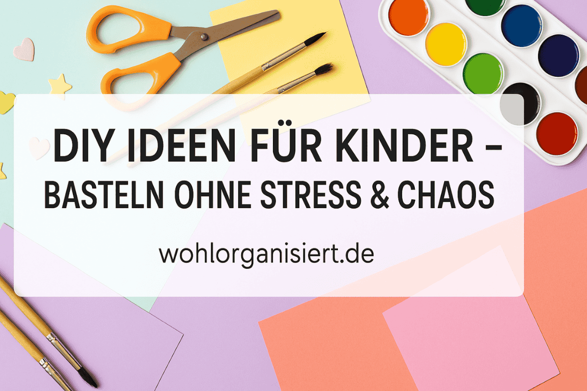 Headerbild mit Bastelmaterialien und dem Titel „DIY Ideen für Kinder – Basteln ohne Stress & Chaos“ in moderner Schrift, farbenfroh 