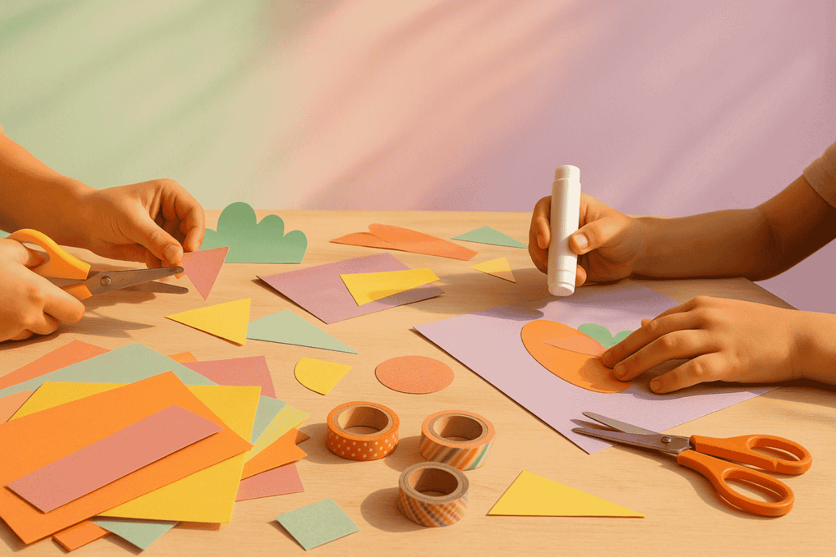 Kinderhände beim Basteln mit buntem Papier, Schere und Washi-Tape auf einem Tisch, gemütliche Bastelszene in Pastellfarben