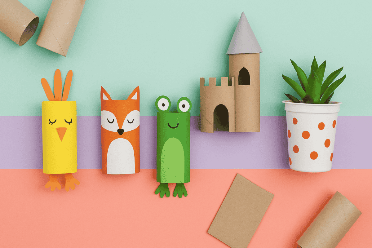 Bunte Upcycling-Bastelideen: bemalte Klopapierrollen, kleine Kartonburg und dekorierte Joghurtbecher als Pflanzentöpfe in fröhlichen Farben