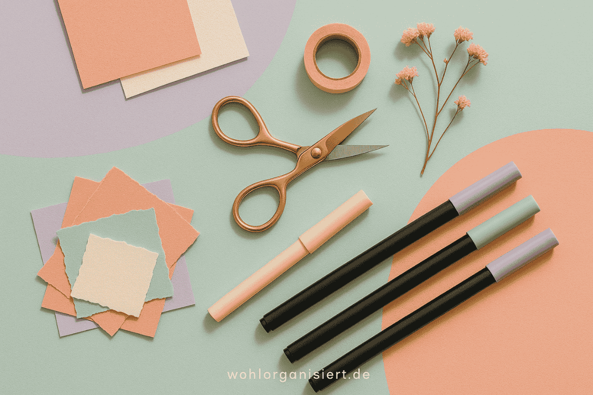 Flatlay mit Bastelmaterialien wie Schere, Washi-Tape, Brush Pens und getrockneten Blumen auf pastellfarbenem Hintergrund