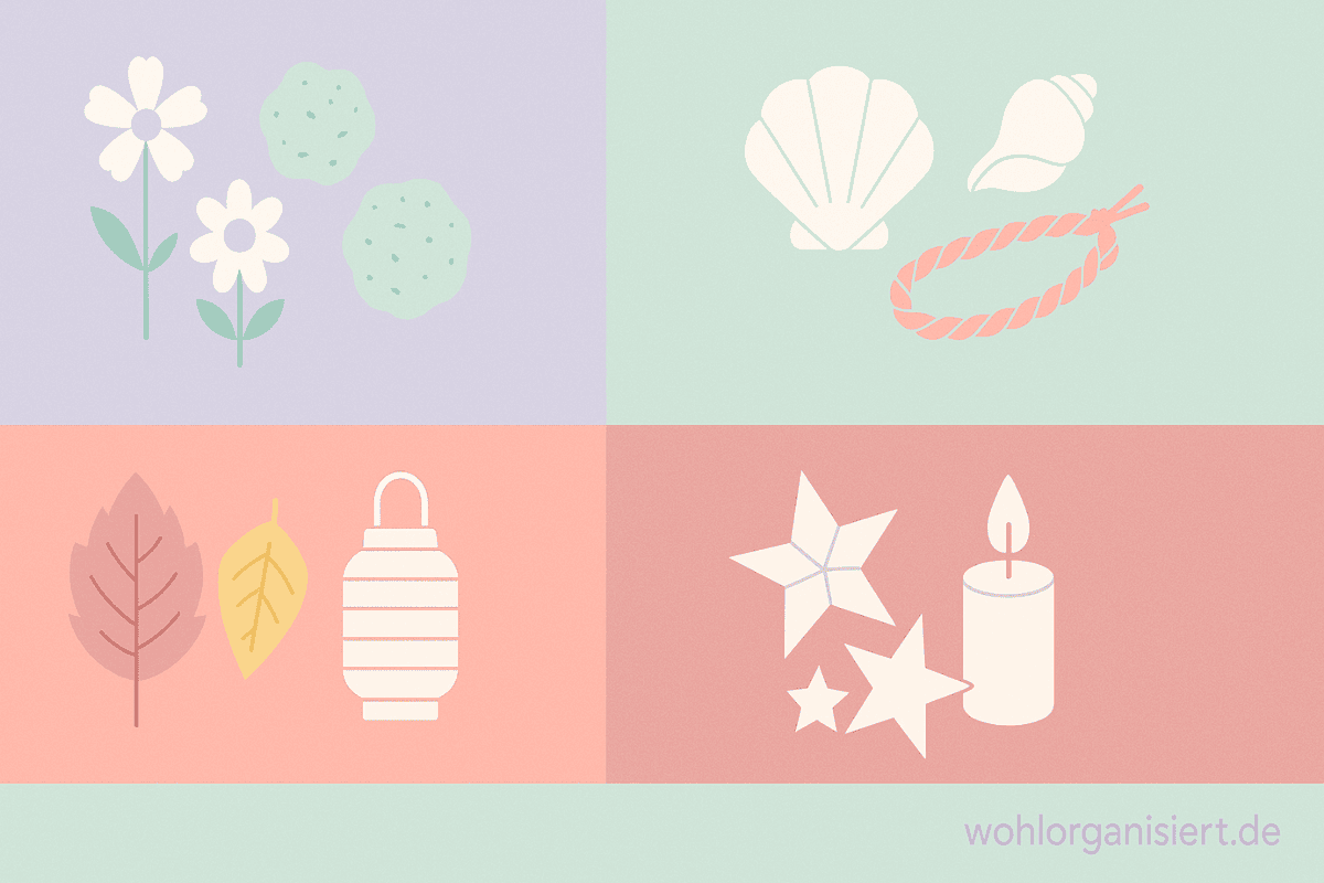 Infografik mit DIY-Ideen für die vier Jahreszeiten: Frühling mit Blumen, Sommer mit Muscheln, Herbst mit Blättern, Winter mit Sternen und Kerzen