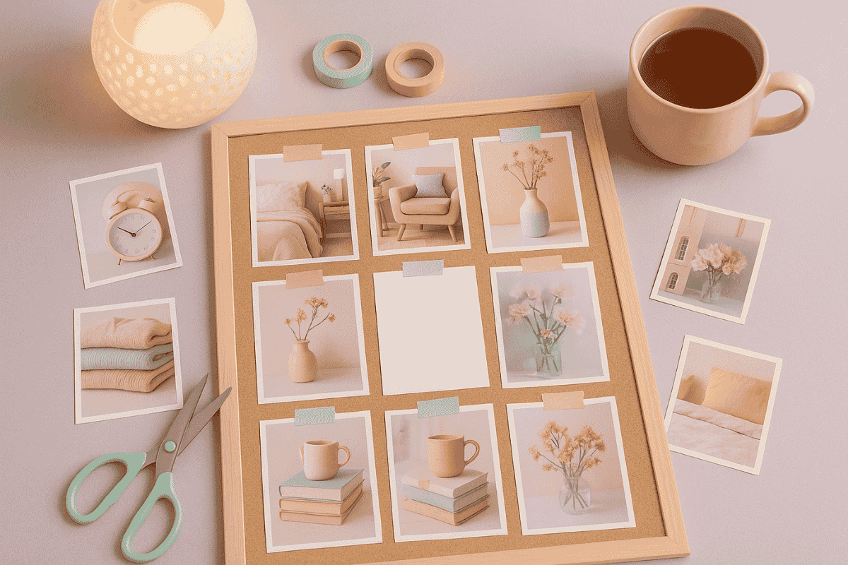 Kreatives Moodboard auf einem Tisch, halb fertig mit ausgeschnittenen Bildern, Washi-Tape und einer Tasse Tee, in zarten Pastellfarben