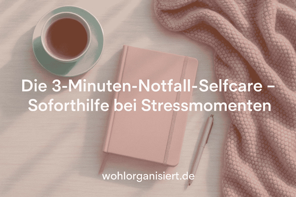 Headerbild im Querformat: gemütliche Selfcare-Szene mit Tee, Journal und weicher Decke in sanften Pastelltönen, Overlay-Text „Die 3-Minuten-Notfall-Selfcare – Soforthilfe bei Stressmomenten“