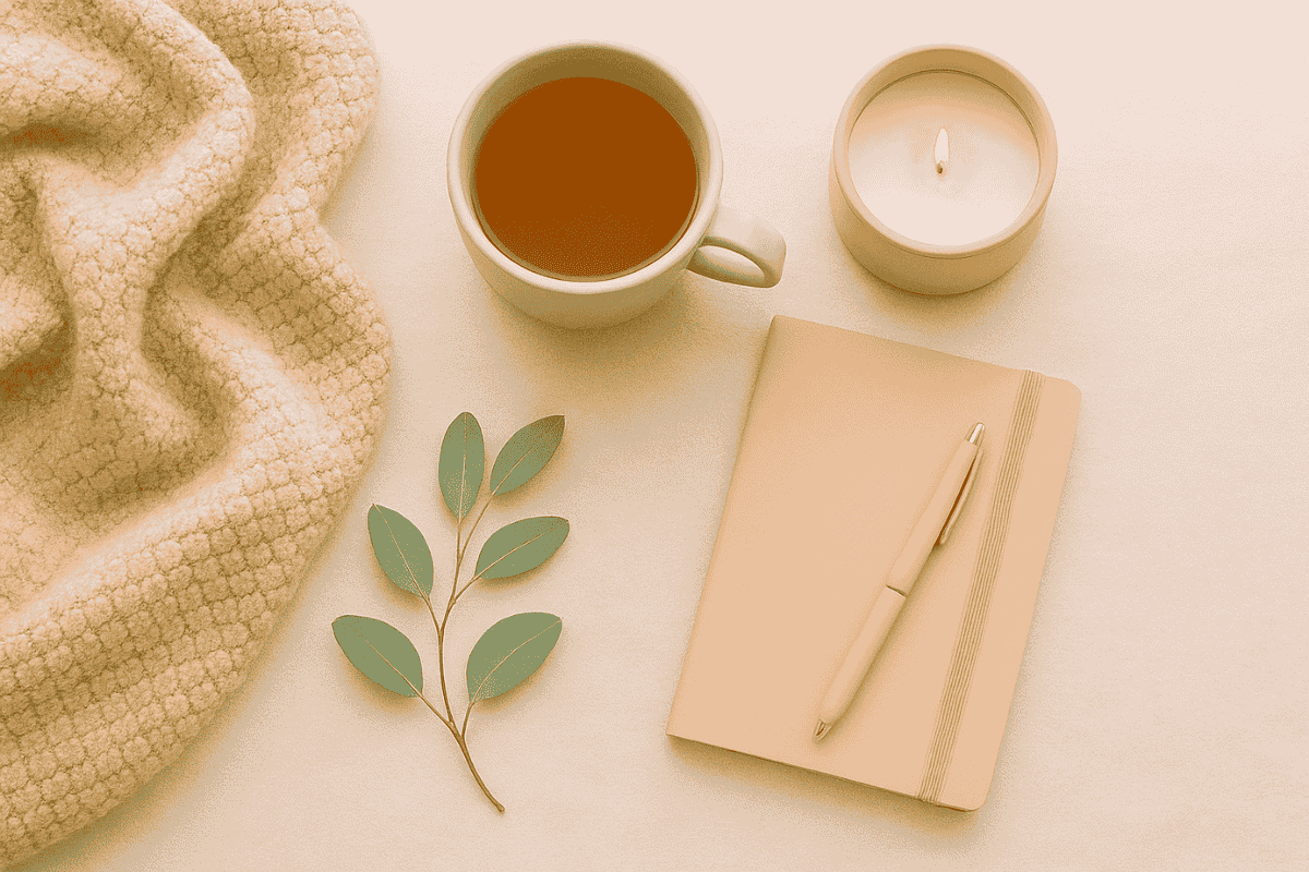 Querformat-Flatlay mit Selfcare-Elementen wie Tasse Tee, kuscheliger Strickdecke, Duftkerze und Journal in sanften Pastellfarben, hell und minimalistisch.