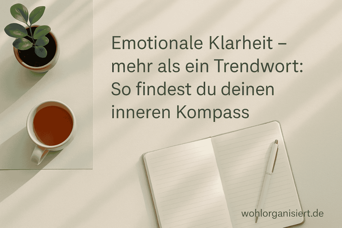 Headerbild mit pastellfarbenem Schreibtisch-Flatlay, Journal, Teetasse und Pflanze, mit Overlay-Text: Emotionale Klarheit – mehr als ein Trendwort: So findest du deinen inneren Kompass