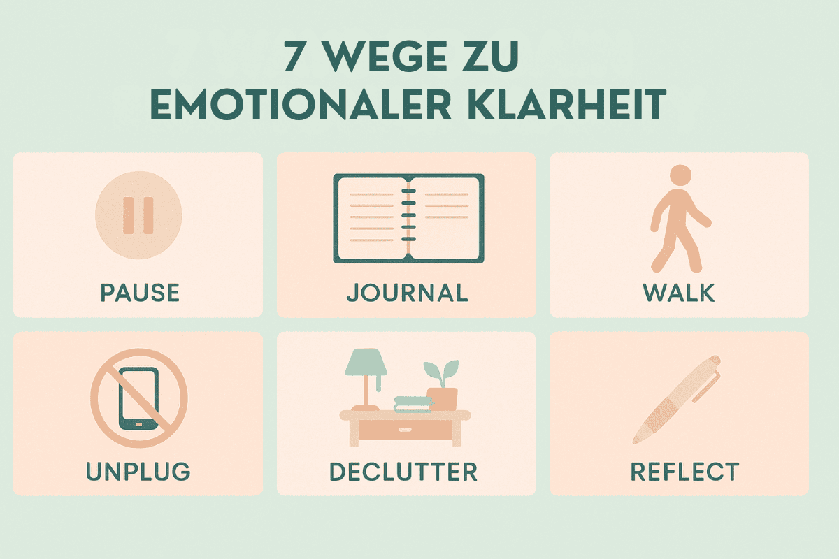Pastellfarbene Infografik mit sieben Icons für mehr emotionale Klarheit – Pause, Notizbuch, Spaziergang, Handyverbot, aufgeräumter Schreibtisch, Stift und Häkchen