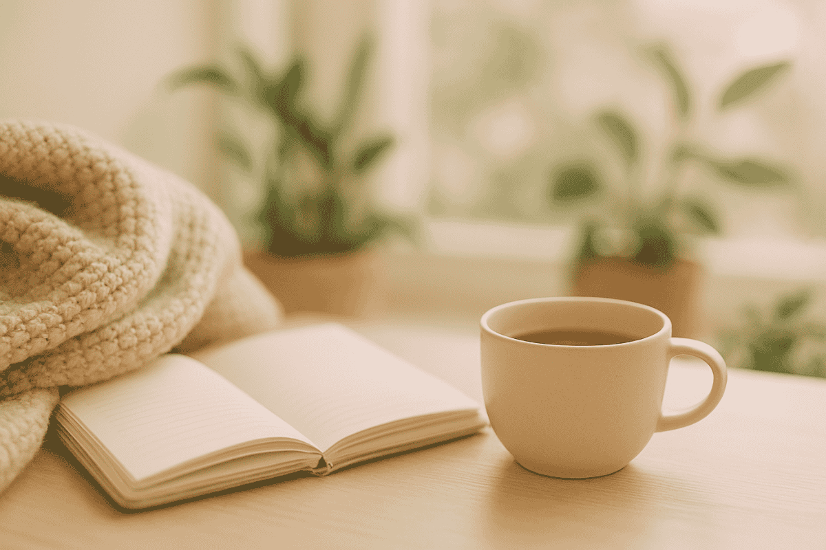 Gemütliche Ecke mit Journal, Decke und Teetasse, warmes Licht und Pflanzen im Hintergrund, beruhigende Pastellfarben