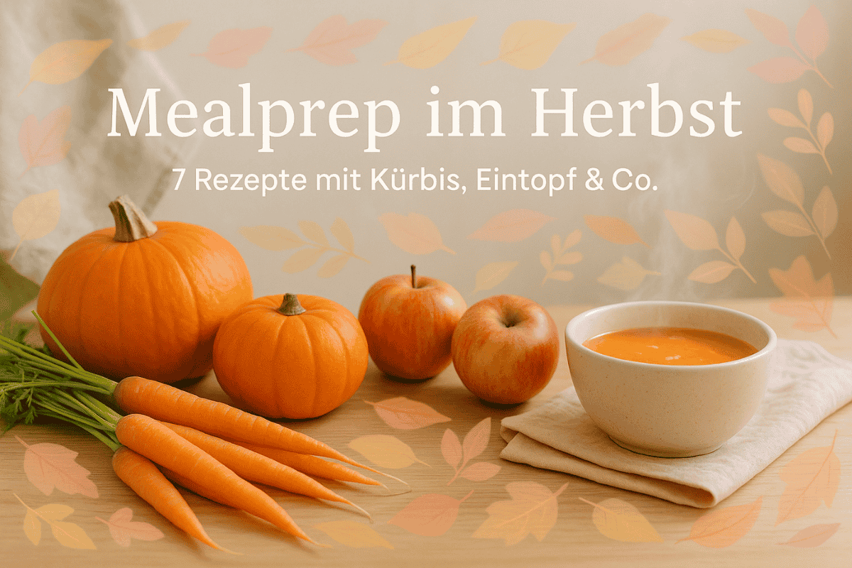 Herbst Meal Prep 1 Headerbild zum Blogartikel Mealprep im Herbst – 7 Rezepte mit Kürbis, Eintopf & Co. Pastellfarbenes Herbst-Flatlay mit Kürbis, Karotten, Äpfeln und einer Suppenschale, Overlay-Titel auf Deutsch,