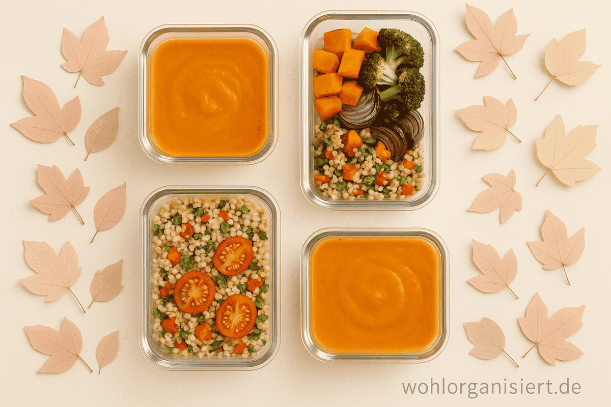 Herbst Meal Prep 2 Pastellfarbenes Flatlay mit Mealprep-Containern: Kürbissuppe, Ofengemüse und Salat in Glasboxen. Helle, moderne Herbstästhetik mit dezenten Blättern,