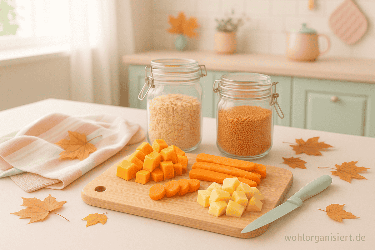 Herbst Meal Prep 3 Gemütliche Herbstküchenszene in Pastellfarben: Schneidebrett mit Kürbis, Karotten und Kartoffeln, daneben Vorratsgläser mit Linsen und Getreide. Helle, freundliche Atmosphäre