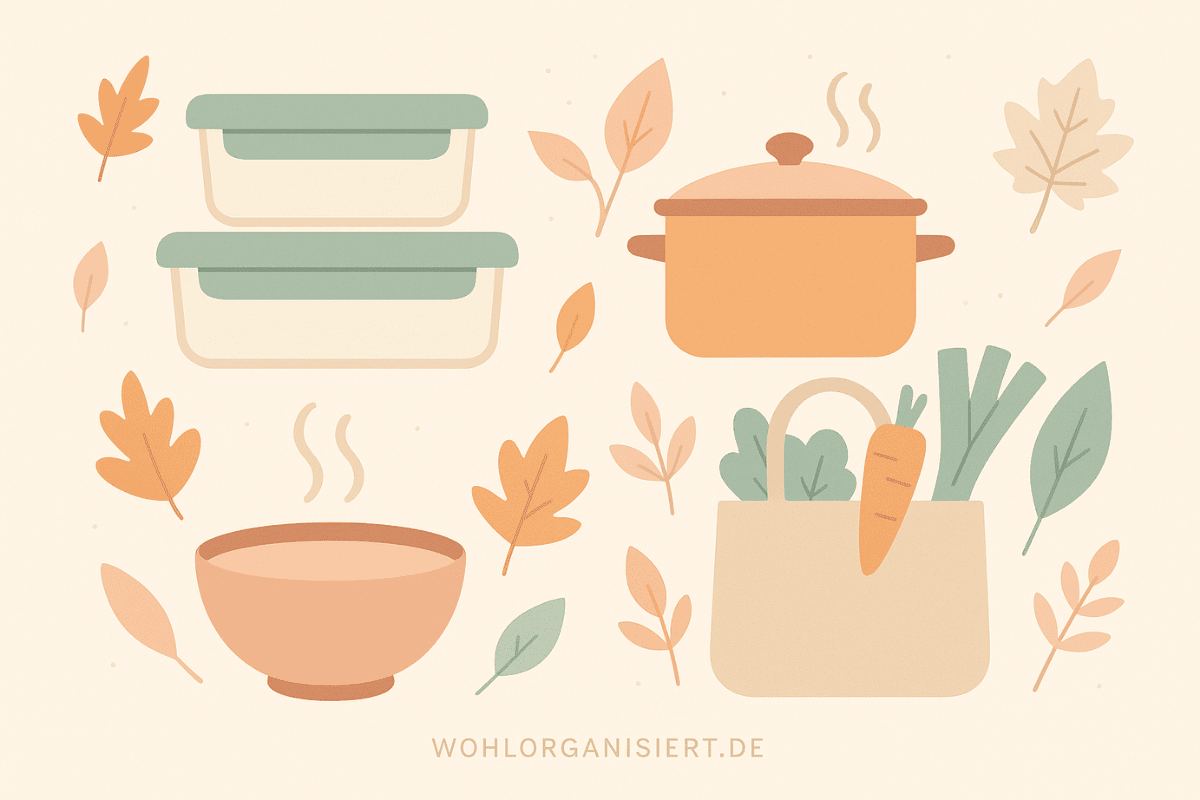 Herbst Meal Prep 4 Infografik im Pastell-Herbststil mit Mealprep-Symbolen: Glasbehälter, Suppenschüssel, Gemüsekorb und Kochtopf. Minimalistisch, modern und freundlich gestaltet,