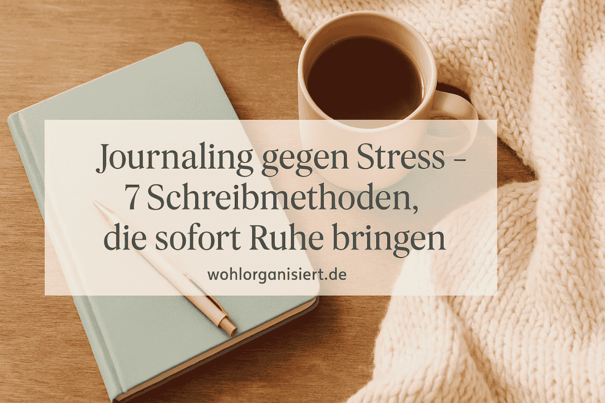 Headerbild mit Journal, Tee und Decke – Overlay mit Titel „Journaling gegen Stress – 7 Schreibmethoden, die sofort Ruhe bringen“