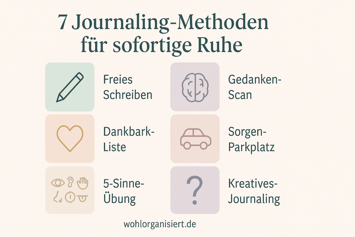 Infografik „7 Journaling-Methoden für sofortige Ruhe“ – Freies Schreiben, Gedanken-Scan, Dankbarkeits-Liste, Sorgen-Parkplatz, 5-Sinne-Übung, Journaling-Fragen, Kreatives Journaling