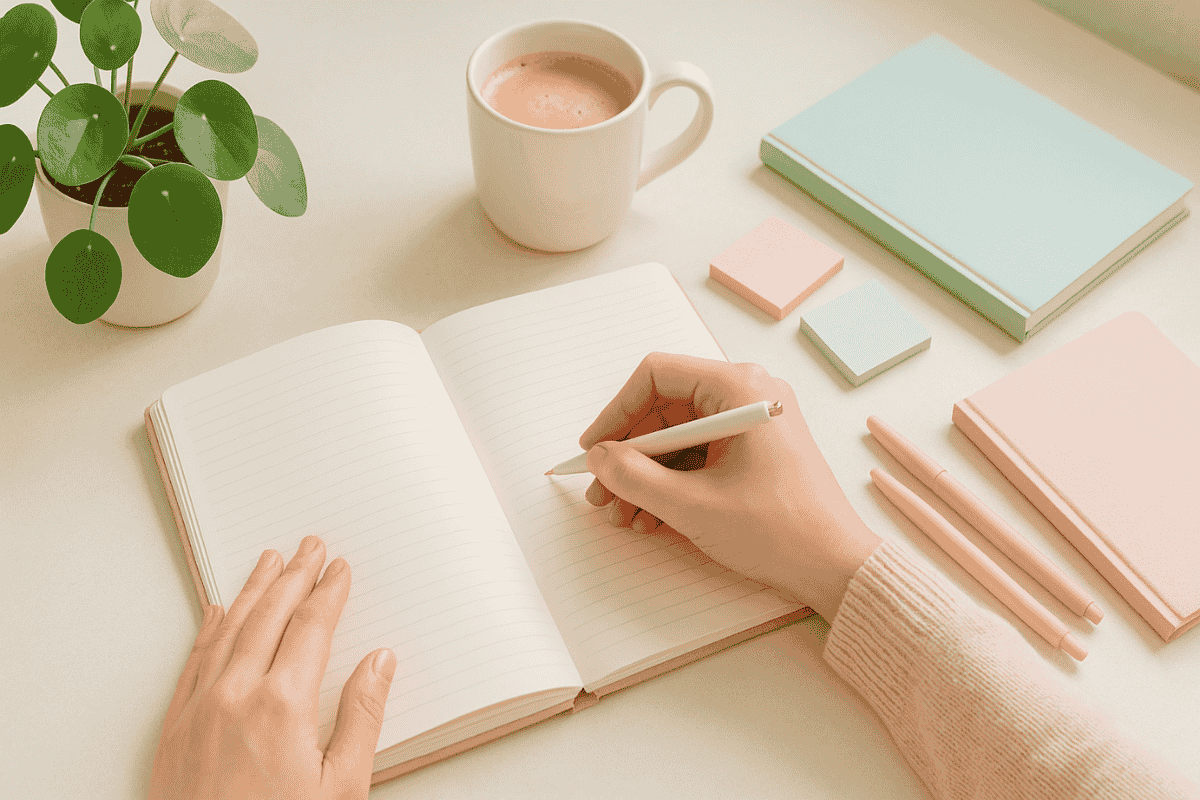 Frau schreibt in ein Journal an einem hellen, gemütlichen Schreibtisch mit Pflanzen und Kaffee