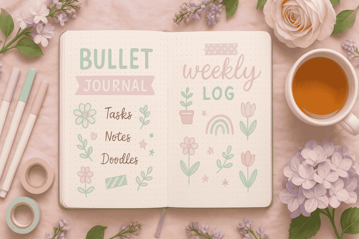 Bullet Journal mit bunten Stiften, Washi-Tape und Blumen – kreative Journaling-Szene in Pastellfarben