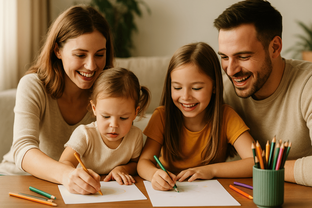 Junge Familie mit zwei Kindern verbringt Zeit im Wohnzimmer – spielerisch und entspannt im Alltag. Junge-Familie-mit-zwei-Kindern-verbringt-Zeit-im-Wohnzimmer-–-spielerisch-und-entspannt-im-Alltag