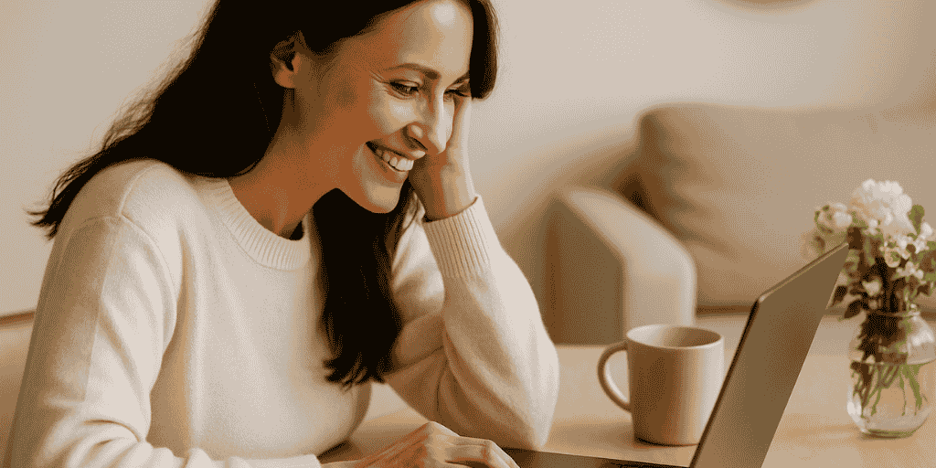 Lächelnde Frau am Laptop in ruhiger Atmosphäre – Familienalltag organisieren