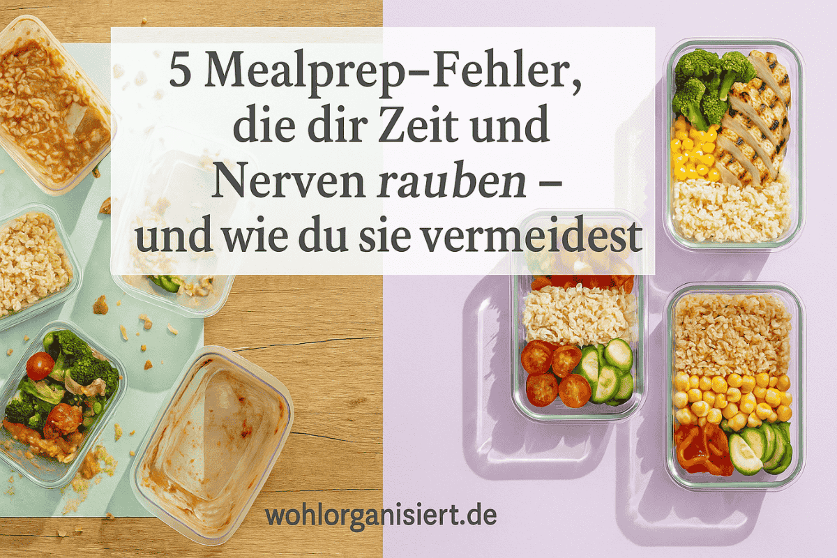 Mealprep Fehler 1 Headerbild mit chaotischen Plastikboxen auf der linken Seite und ordentlichen Glasboxen mit buntem Gemüse und Reis auf der rechten Seite. Textoverlay: „5 Mealprep-Fehler, die dir Zeit und Nerven rauben – und wie du sie vermeidest“.