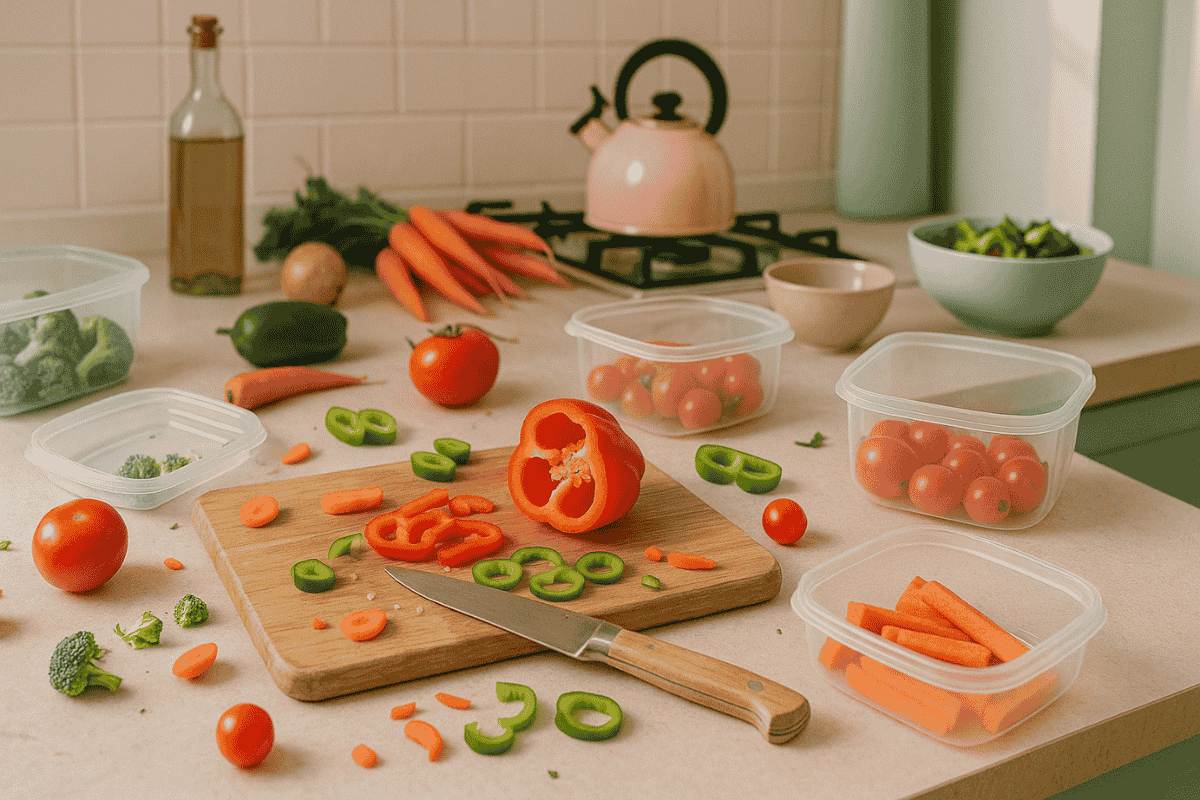 Mealprep Fehler 2 Unordentliche Küchenszene mit überfülltem Schneidebrett, verstreutem Gemüse und offenen Plastikboxen. Stressige Atmosphäre, Pastelltöne im Hintergrund.