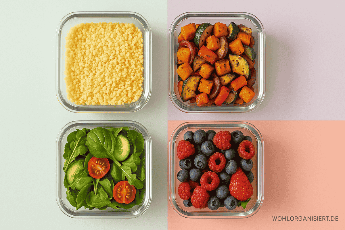 Mealprep Fehler 3 Ordentlich angeordnete Glasboxen mit Couscous, geröstetem Gemüse, frischem Salat und Beeren. Flatlay-Stil, helle Pastellfarben, aufgeräumt und modern.