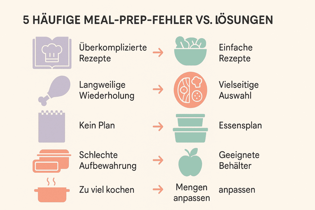 Mealprep Fehler 4 Minimalistische Infografik mit 5 typischen Mealprep-Fehlern und passenden Lösungen: zu komplizierte Rezepte, Langeweile durch Wiederholung, fehlender Plan, falsche Lagerung, zu große Mengen. Pastellfarben, moderne Icons