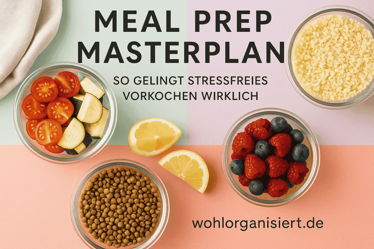 Mealprep masterplan 4 Headerbild mit verschiedenen Meal-Prep-Gerichten in Glasboxen, buntes Gemüse wie Tomaten, Zucchini und Couscous, dazu der Titel „Meal Prep Masterplan – So gelingt stressfreies Vorkochen wirklich“ im modernen Pastell-Design