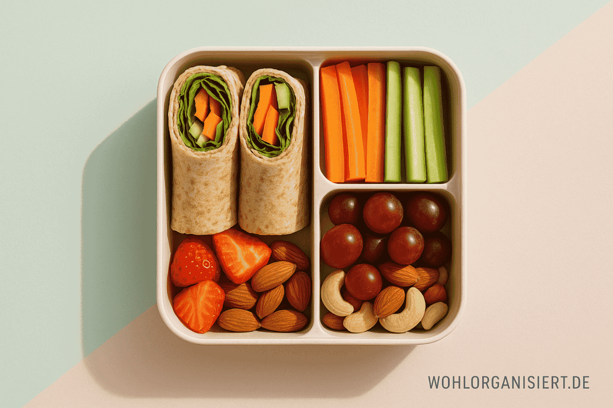 Offene Bento-Lunchbox im Flatlay-Stil, gefüllt mit Wraps, Gemüsesticks, Obst und Nüssen, auf pastellfarbenem Hintergrund im minimalistischen Design.