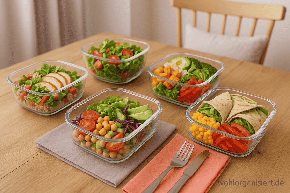 Mehrere Glasbehälter mit Mealprep-Gerichten wie Salaten, Reisbowls und Wraps, ordentlich auf einem Holztisch arrangiert, mit Pastell-Deko im Wohlorganisiert-Stil.