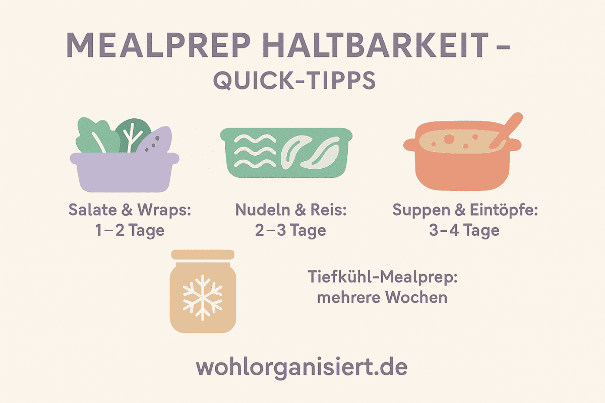 Infografik zur Haltbarkeit von Mealprep: Salate & Wraps 1–2 Tage, Nudeln & Reis 2–3 Tage, Suppen & Eintöpfe 3–4 Tage, Tiefkühl-Mealprep mehrere Wochen. Pastellfarbenes, minimalistisches Design.