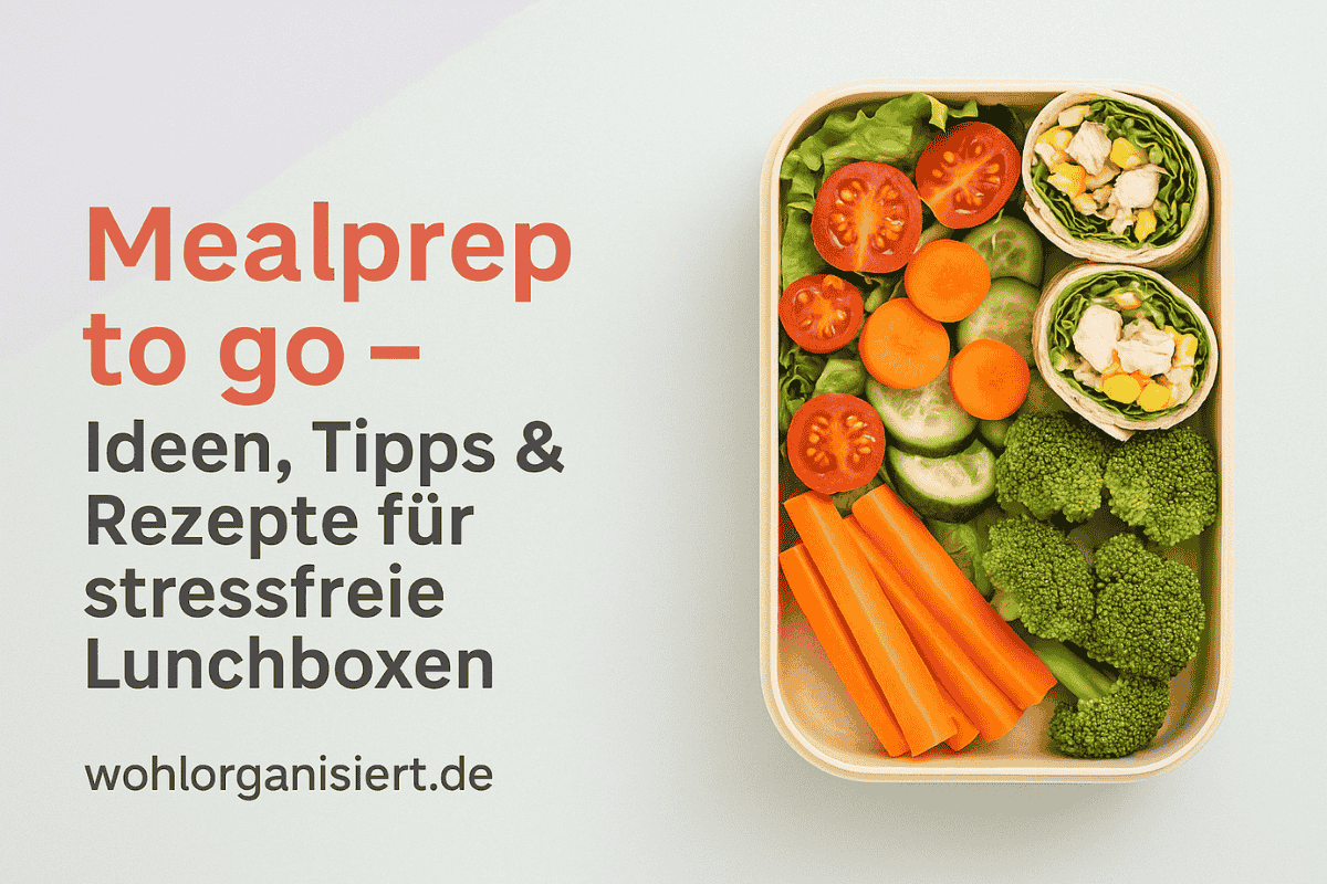 Headerbild mit Lunchbox und farbenfrohen Mealprep-Gerichten, daneben der Titel „Mealprep to go – Ideen, Tipps & Rezepte für stressfreie Lunchboxen“ im modernen, pastelligen Design