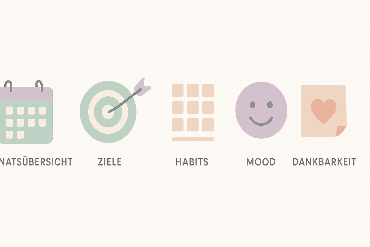 Infografik Bullet Journal Layout-Ideen: Monatsübersicht, Ziele, Habit Tracker, Mood Tracker und Dankbarkeitsseite in Pastellfarben