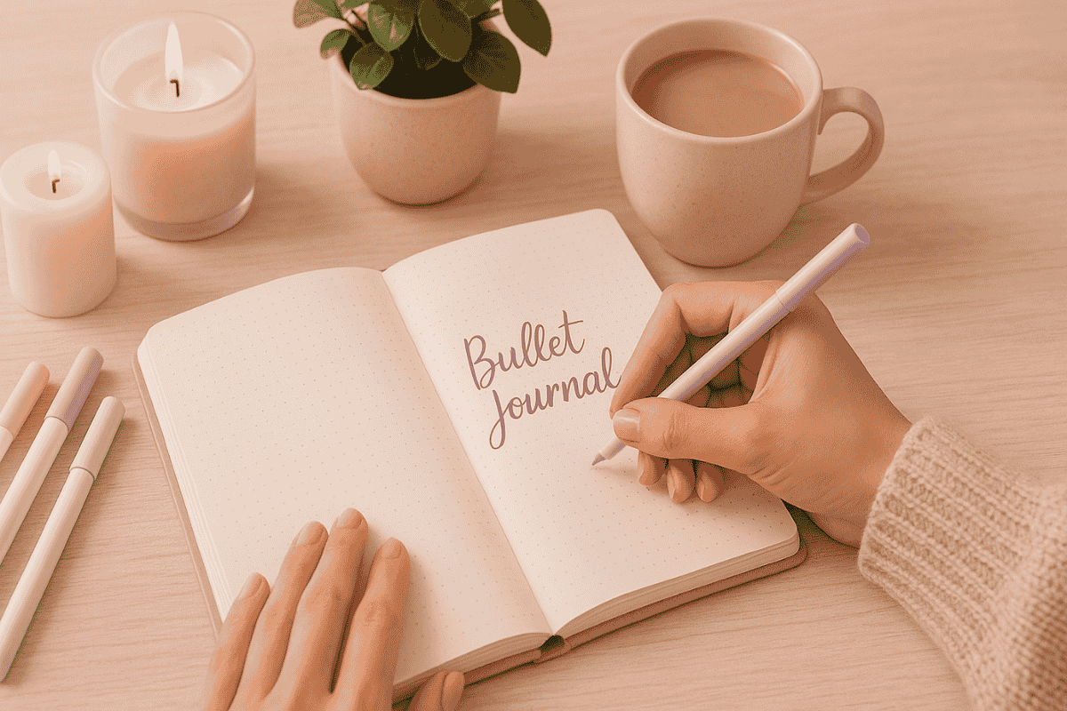 Frau schreibt in Bullet Journal am Schreibtisch mit Kerzen, Pflanzen und Kaffee – achtsame Monatsplanung