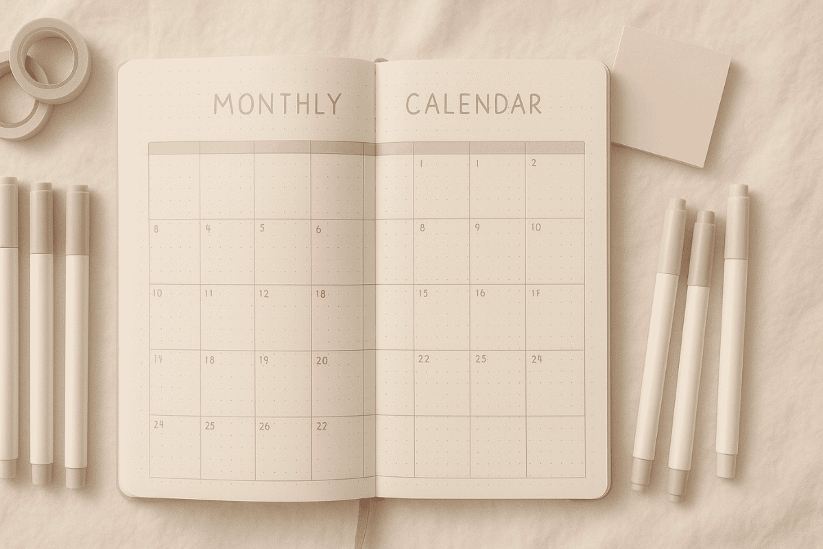 Bullet Journal Monatsübersicht mit Pastellstiften, Washi Tape und Sticky Notes – gemütliche Planungsszene im Querformat