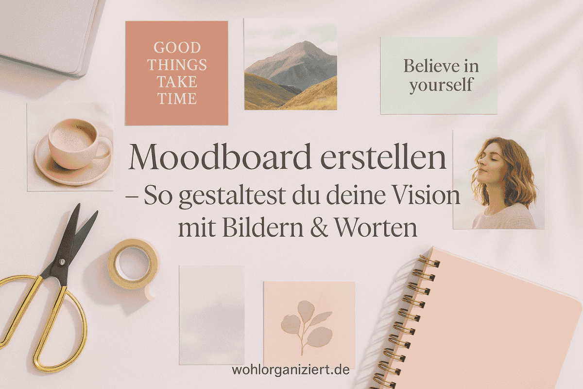 Moodboard mit ausgeschnittenen Bildern, Notizbuch, Schere und Washi-Tape in Pastellfarben, moderner Textoverlay „Moodboard erstellen – So gestaltest du deine Vision mit Bildern & Worten“.