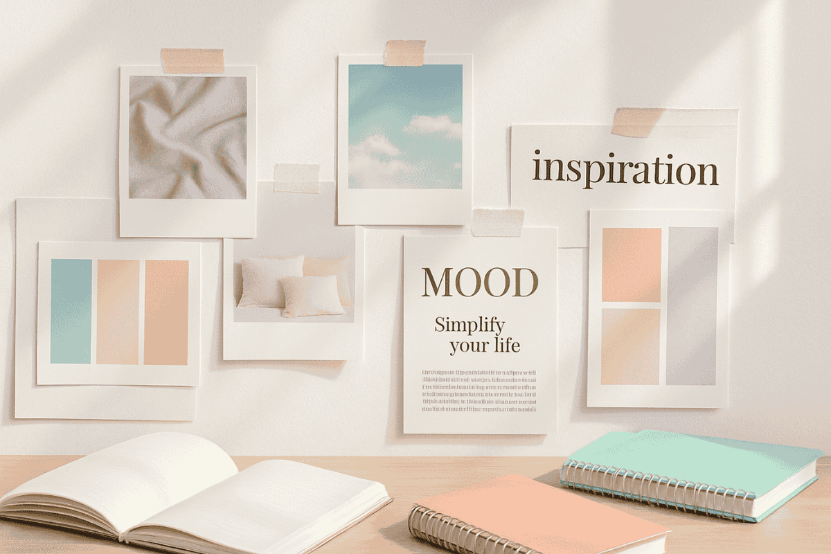 Künstlerische Collage mit Polaroid-Bildern, Farbfeldern, Magazinausschnitten und Notizbuch, sanfte Pastellpalette in Lila, Mint und Rosa.