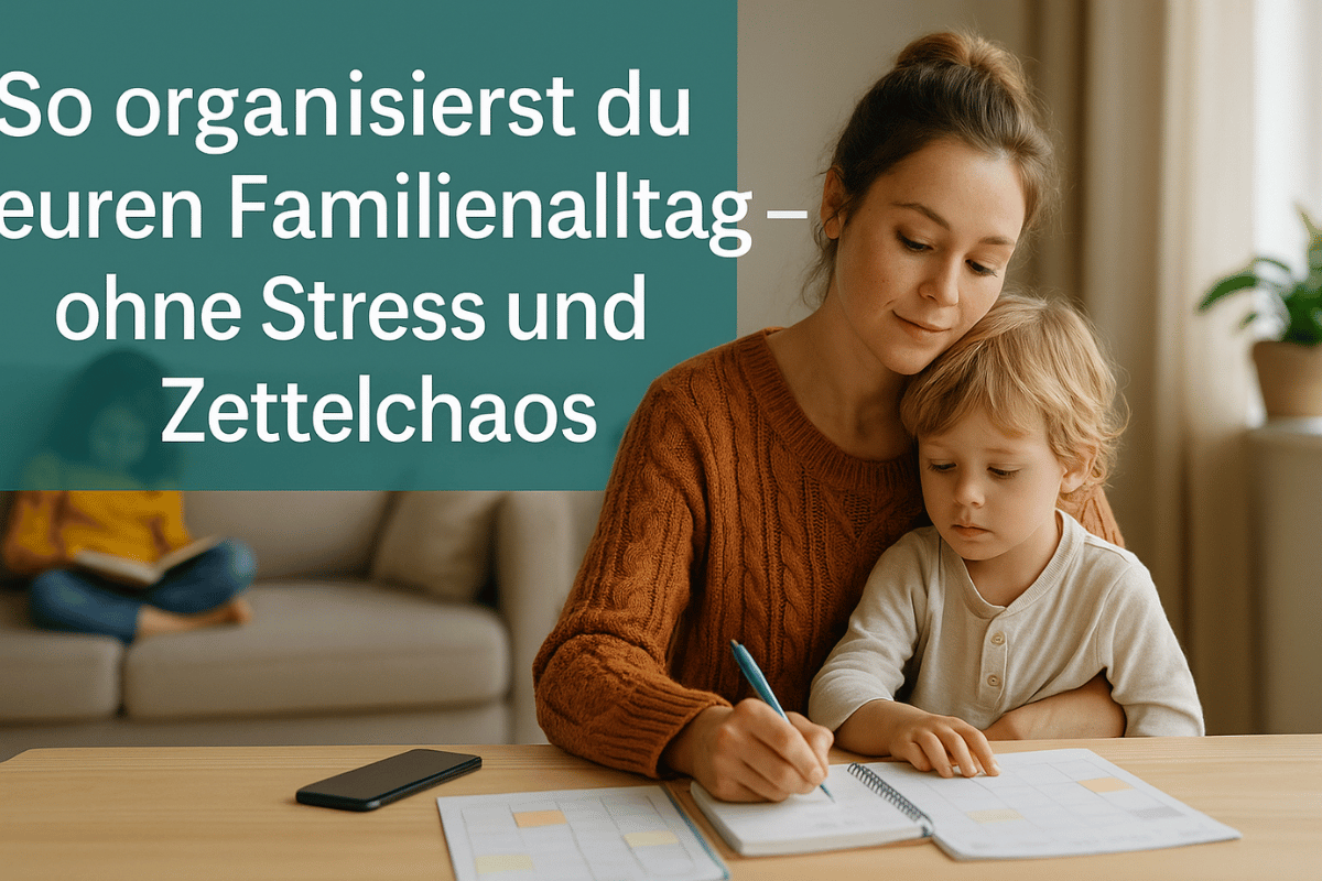 Mutter und Kinder planen gemeinsam den Familienalltag am Küchentisch Mutter und Kinder planen gemeinsam den Familienalltag am Küchentisch – mit Textoverlay „So organisierst du euren Familienalltag – ohne Stress & Zettelchaos“.