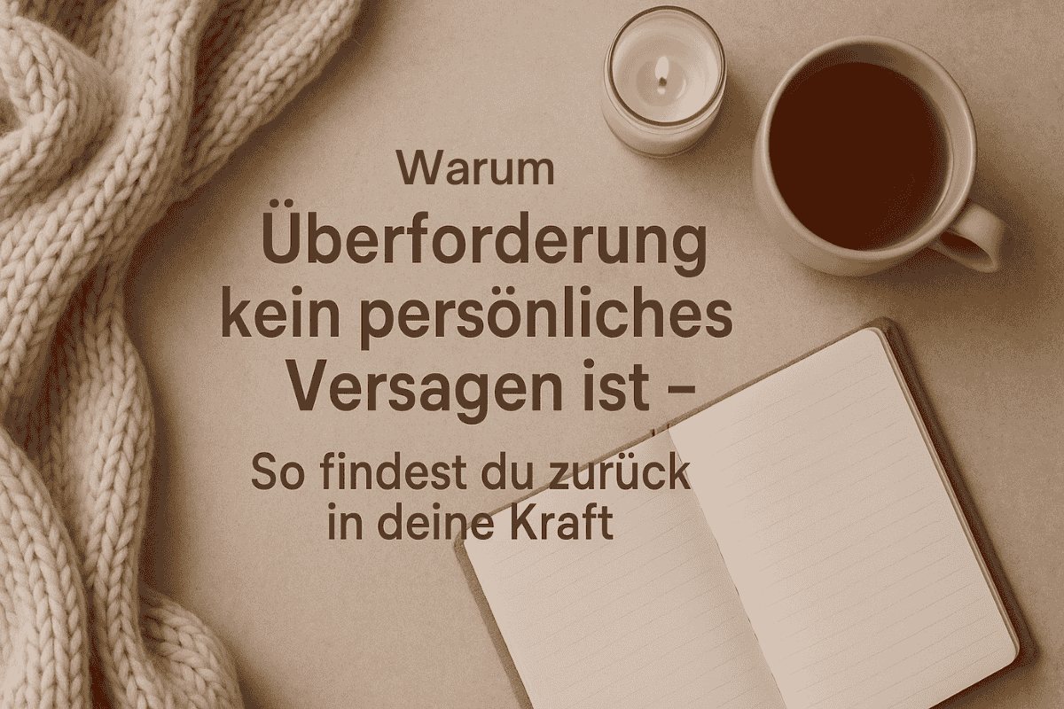 Headerbild mit winterlichem Flatlay: Kerze, Teetasse, Wolldecke und geöffnetes Journal, mit Overlay-Text: Warum Überforderung kein persönliches Versagen ist – So findest du zurück in deine Kraft