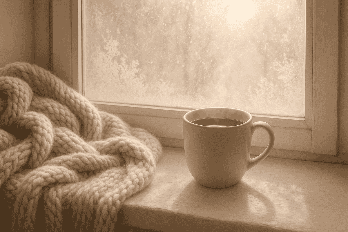 Gemütliche Wintermorgen-Szene mit Teetasse, Strickdecke und Sonnenlicht durch vereistes Fenster, sanfte Creme- und Rosatöne