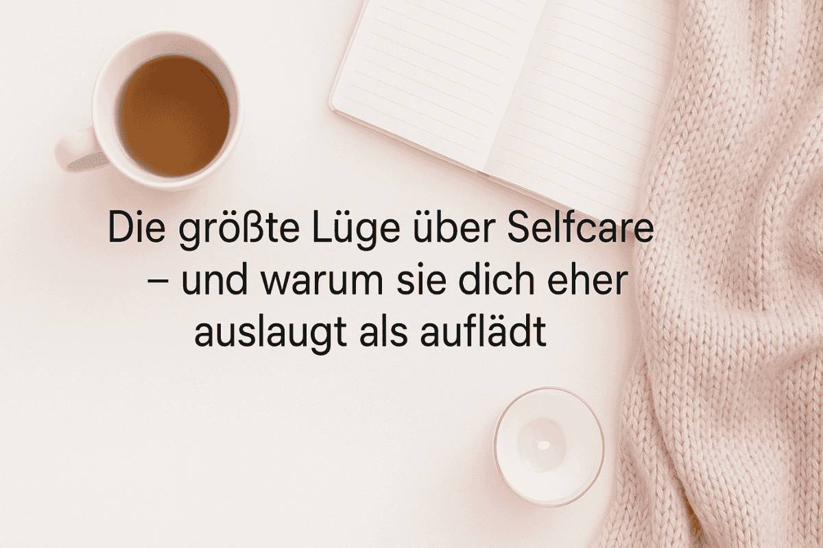 Minimalistische Selfcare-Szene mit Tee, Notizbuch, Kerze und Decke in Pastellfarben, darüber der Titel „Die größte Lüge über Selfcare – und warum sie dich eher auslaugt als auflädt“.