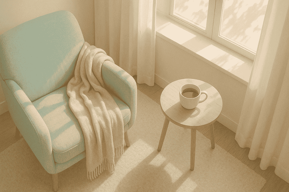 Gemütliche Selfcare-Ecke mit Sessel, Decke, Teetasse und Sonnenlicht in sanften Pastellfarben, minimalistisch und einladend.